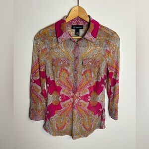 International Concepts Blouse Top Size S Bee Fabric y2K Stretch Sheer 1/2 Button